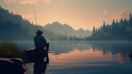 Fisherman fishing on the lake at sunset. 3d renderの素材