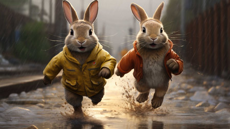 Rabbits in a raincoat and raincoat on the streetの素材