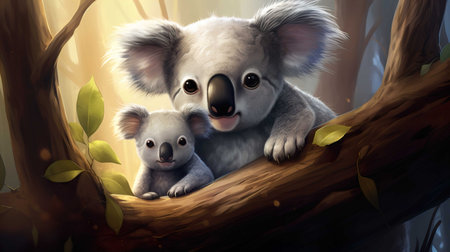 Cute koala with her baby in the forest, 3d illustrationの素材