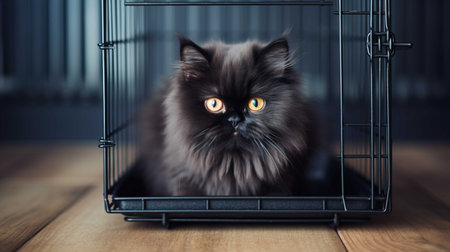 Cute persian cat in a metal cage on a wooden floorの素材