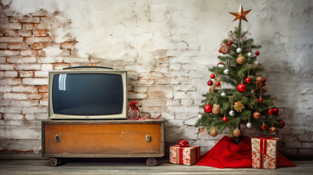 Vintage TV and old suitcase with christmas tree on the backgroundの素材