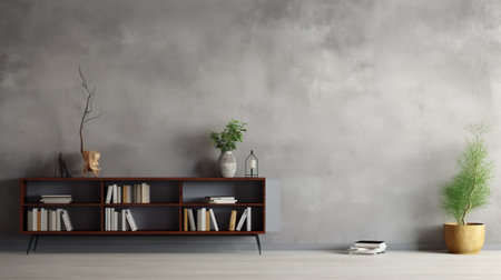 Interior living room with bookshelf and plant, 3d renderの素材