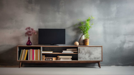 TV on the cabinet with books and vase in the living roomの素材