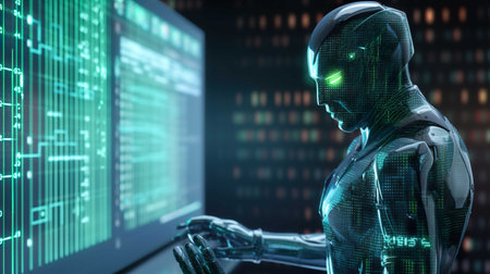 Cyborg working with dumbbells in cyberspace as conceptの素材