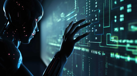 Cyborg woman working with virtual hologram screen. 3d renderingの素材