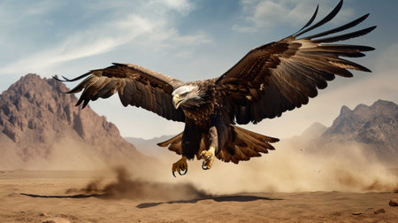 Bald Eagle flying in the desert, 3d rendering. Computer digital drawing.の素材