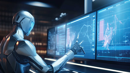 Robot humanoid with forex chart on computer screen. 3D renderingの素材