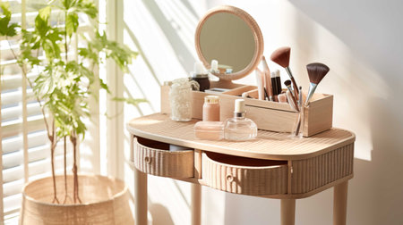 Wooden dressing table with cosmetic products and houseplant on windowsillの素材