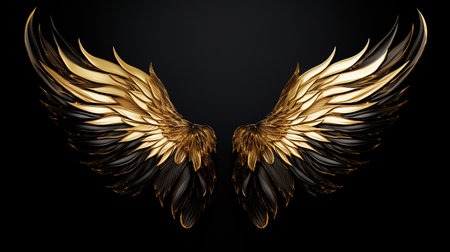 Golden wings on a black background. 3d rendering, 3d illustration.の素材