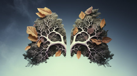 Conceptual 3D illustration of autumn trees with leaves as a symbol of natureの素材