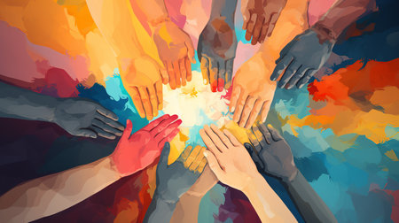 Teamwork concept. Multiethnic people hands together. Vector illustrationの素材