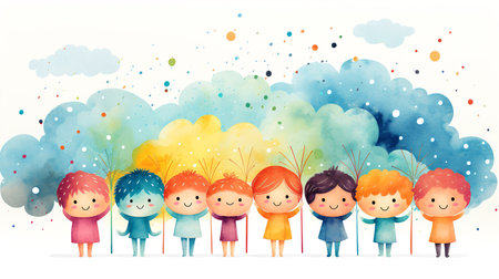 Cute cartoon children with colorful watercolor background. Vector illustration.の素材