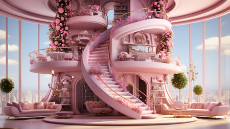 3D rendering of a beautiful pink and white modern house with stairsの素材