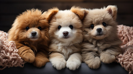 Cute Pomeranian puppies on a dark background. Close-up.の素材