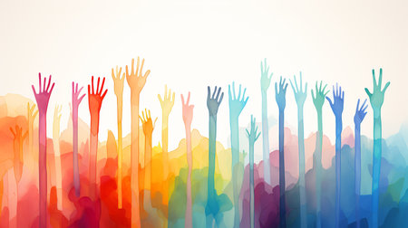 Colorful background with raised hands in the air. Vector illustration.の素材