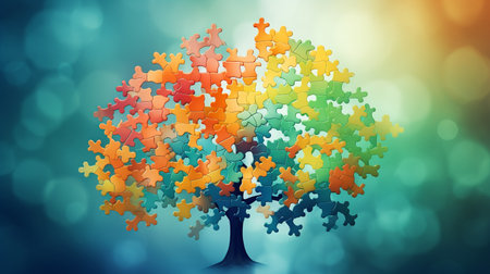 Colorful puzzle tree on bokeh background. Vector illustration.の素材