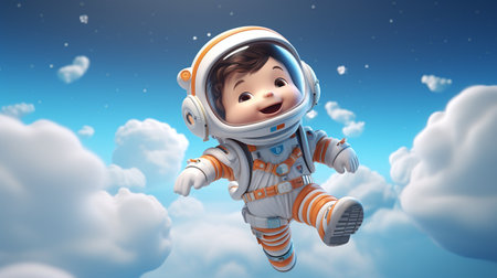 3D illustration of a cute little boy wearing an astronaut costume flying in the skyの素材