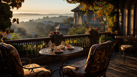 Beautiful view of the terrace of a cafe in the morningの素材