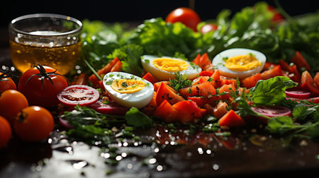 Fresh salad with tomatoes, eggs and greens on a black background.の素材