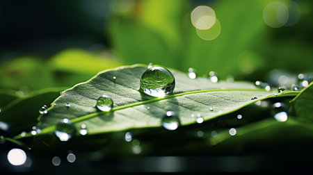 Water drop on green leaf with bokeh background, Nature conceptの素材