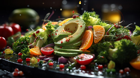 Fresh salad with avocado, cherry tomatoes, broccoli, cucumbers and red onion on black backgroundの素材