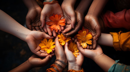 Close up of a group of diverse children's hands holding flowers.の素材