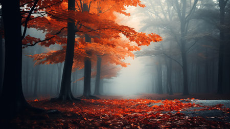Foggy autumn forest with fallen leaves. Fairytale landscape.の素材