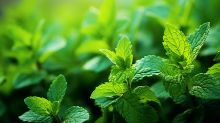 Fresh mint leaves in the garden. Selective focus. nature.の素材