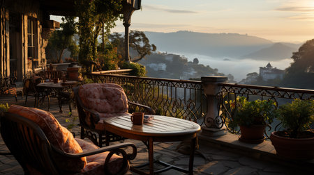 Chairs and tables on the terrace of a house in the morningの素材