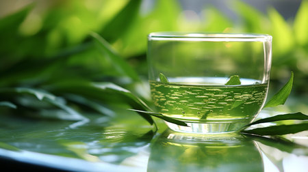 Green tea in a glass cup with fresh leaves on a green backgroundの素材