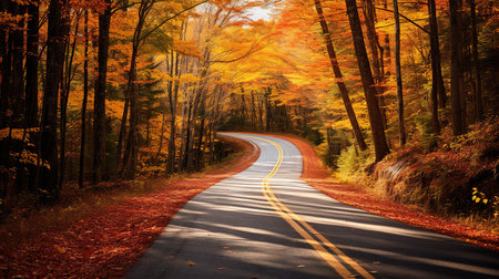 Autumn road in the forest. Autumn landscape with colorful trees and roadの素材