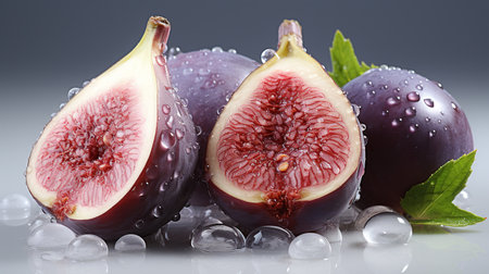Ripe figs with water drops on a white reflective background.の素材