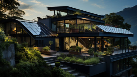 Modern house with solar panels on roof at night. Panorama.の素材