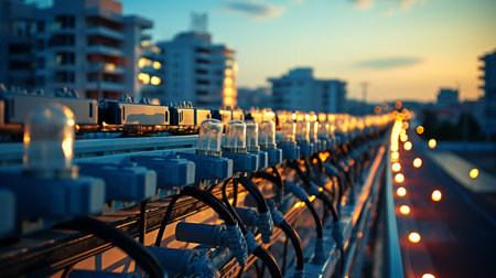 A row of electric cables on the bridge in the city at sunsetの素材