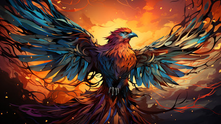 Large phoenix bird, long and fiery tail, colorful rainbow Generate AIの素材