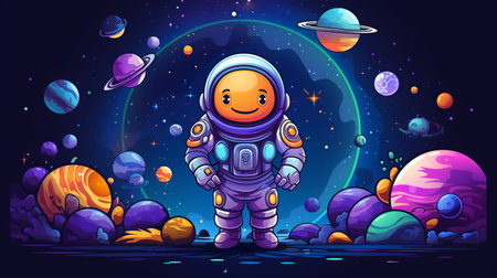 Cartoon Creative Mascot   Astronaut . Star and planets on galaxy background. Astronaut in space.  Generate AIの素材