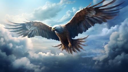 the eagle flies, in the blue clouds, with mighty wings Generate AIの素材