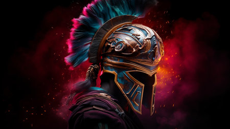 Spartan helmet with robotic face, decorated with long colorful feather , colorful smoke explosions Generate AIの素材