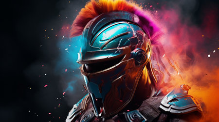 Spartan helmet with robotic face, decorated with long colorful feather , colorful smoke explosions Generate AIの素材