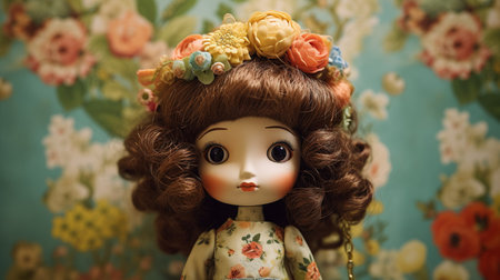 Small, cute doll made of wax, wearing a flower headband, beautiful clothes, standing, white background Generate AIの素材
