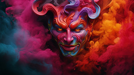 Red devil face and horn illlustration, red and rainbow background splash smoke Generate AIの素材