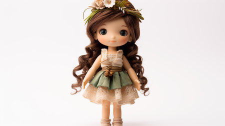 Small, cute doll made of wax, wearing a flower headband, beautiful clothes, standing, white background Generate AIの素材