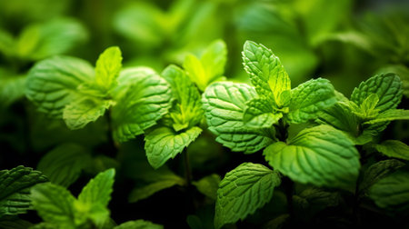 Fresh green mint plants growing  Spice, Mint - Flora Family, Peppermint, Leaves, Herbal Medicine Generate AIの素材