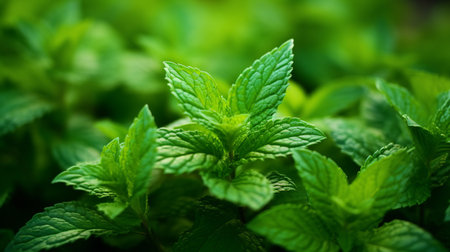 Fresh green mint plants growing  Spice, Mint - Flora Family, Peppermint, Leaves, Herbal Medicine Generate AIの素材
