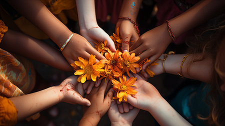 Group of small children's hands, colorful with paint, photographed from above Generate AIの素材
