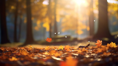 Autumn leaves fall with lens flare Generate AIの素材