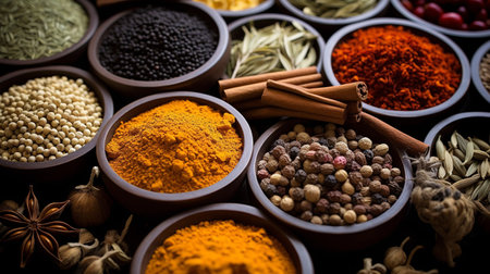 Colorful background of various herbs and spices for cooking in bowls, Spices - Seasonings, Generate AIの素材
