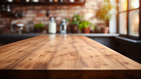 Wooden tabletop over defocused kitchen background , Generate Aiの素材