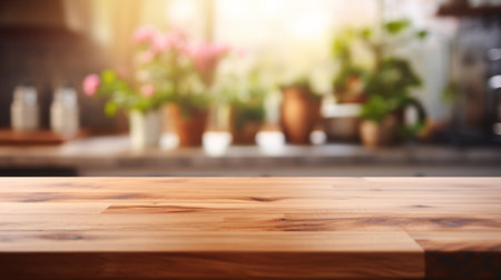 Wooden tabletop over defocused kitchen background , Generate Aiの素材