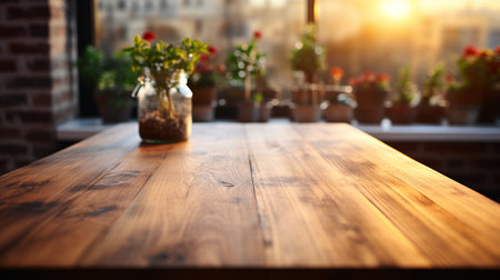 Wooden tabletop over defocused kitchen background , Generate Aiの素材